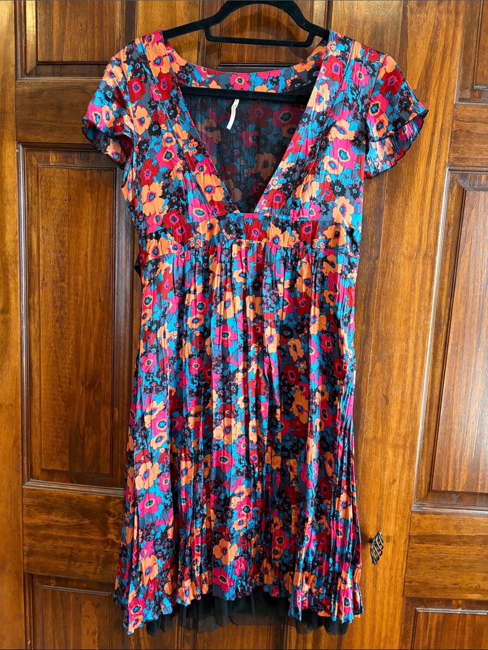 Free People Floral V-Neck Short Sleeve Dress in Teal, Orange, Pink, Red